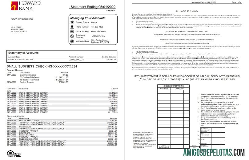 USA Howard Bank Statement 4 Pages modelo