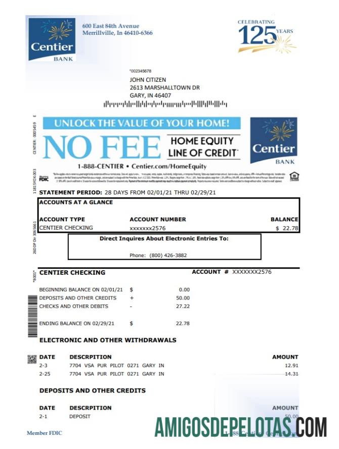 Modelo de extrato bancário em branco dos EUA Indiana Centier em formato Excel e PDF