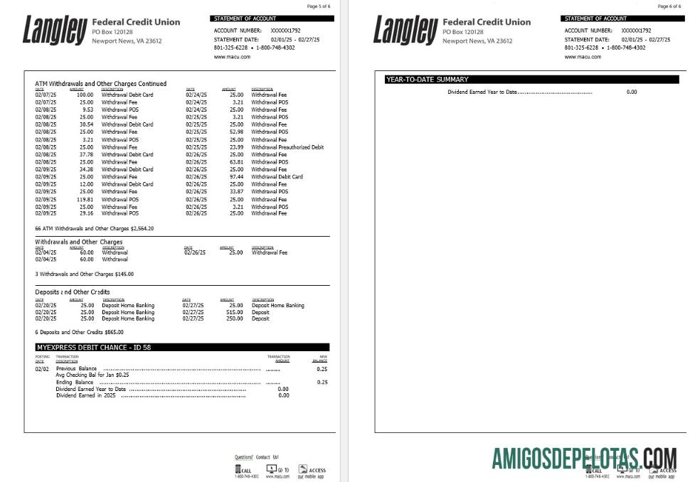 Extrato bancário da União de Crédito Federal Langley dos EUA, exemplo de 6 páginas 3