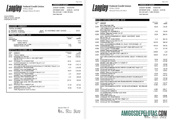 Extrato bancário da União de Crédito Federal Langley dos EUA, modelo de 6 páginas