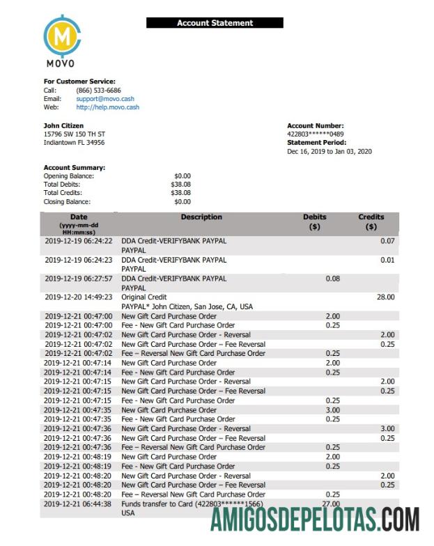 USA MOVO modelo de extrato bancário