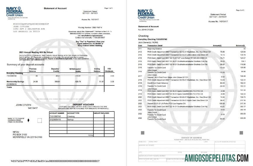 USA Navy Federal 5 Pages Excel Pdf amostra