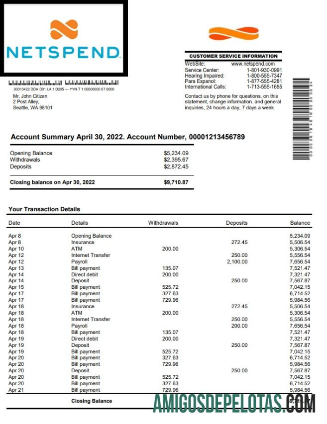 USA Netspend modelo de extrato bancário