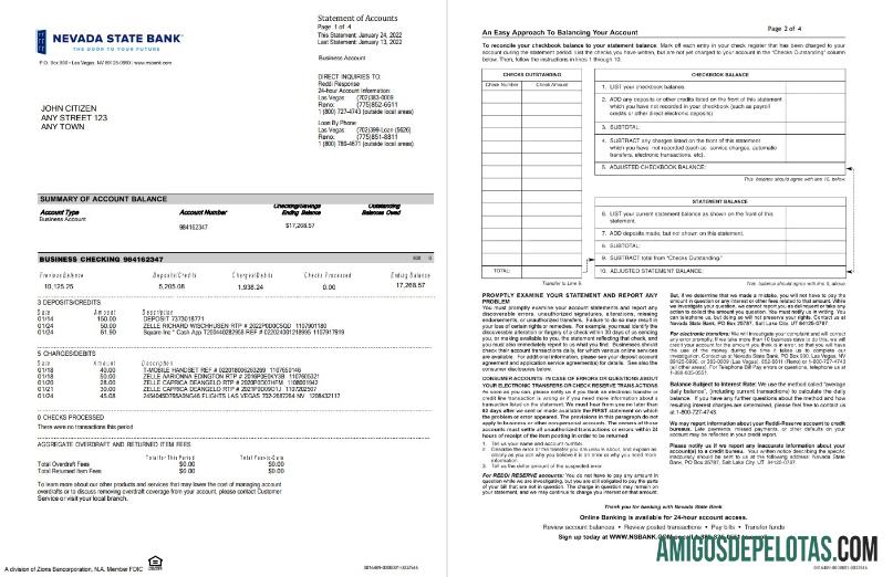 Exemplo de verificação de negócios do USA Nevada State Bank em 4 páginas