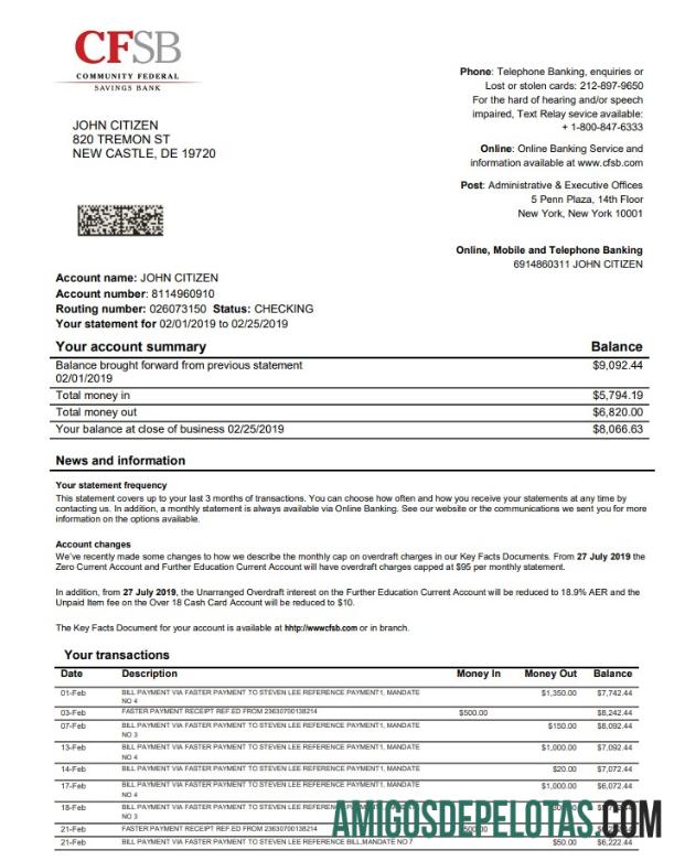 Exemplo de extrato bancário CFSB dos EUA Nova York