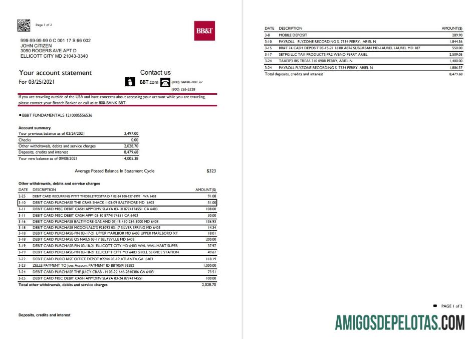 Modelo de extrato bancário BB&T Corp. da Carolina do Norte para download nos EUA em formato Excel e PDF (2 páginas)
