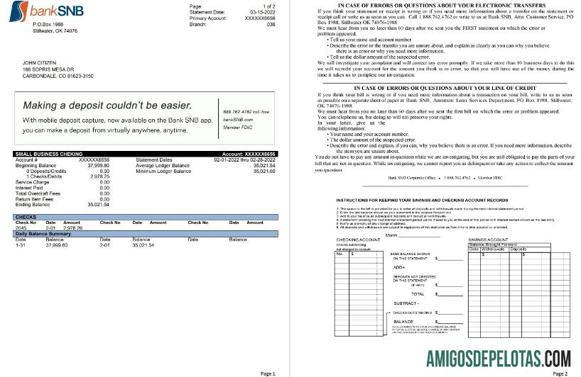 Modelo de extrato bancário SNB de 2 páginas dos EUA Oklahoma