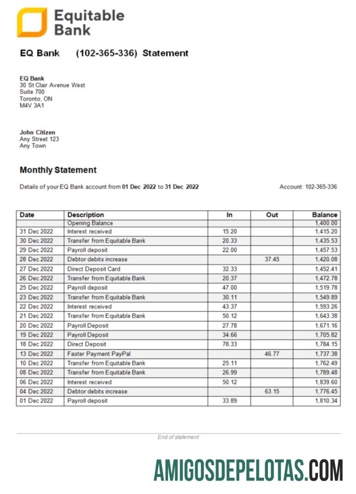 Modelo Word e PDF de extrato bancário equitativo dos EUA Ontário para impressão