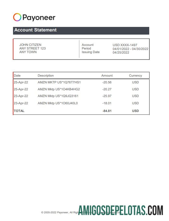 USA Payoneer Xls modelo