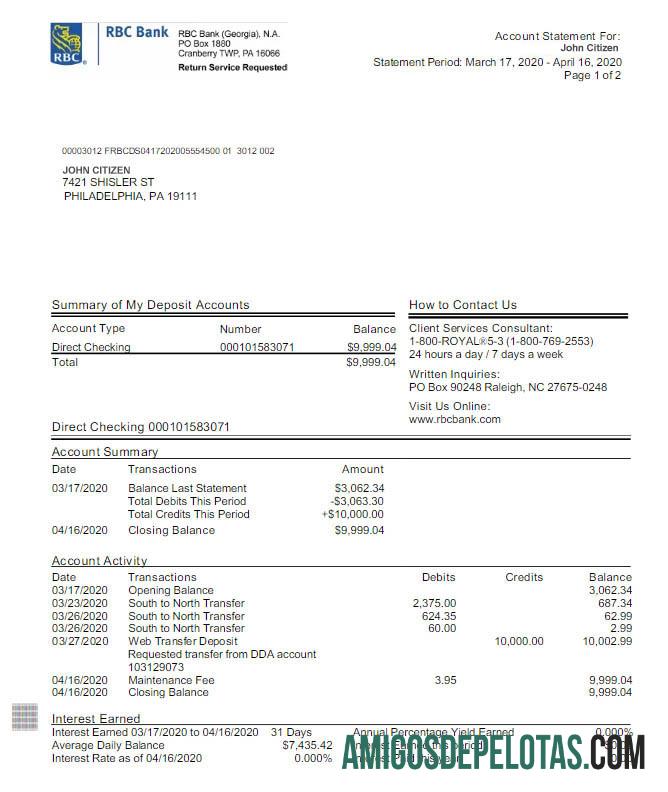 Extrato bancário RBC dos EUA para impressão, modelo Word e PDF, versão 2 Scr