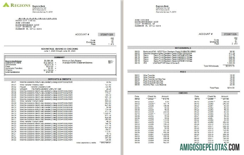 Extrato bancário das regiões dos EUA em branco modelo Word e PDF, 3 páginas, versão 2