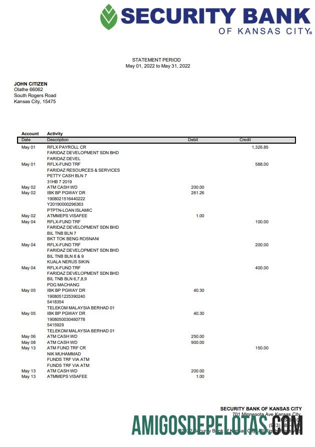USA Security Bank Of Kansas City Statement amostra