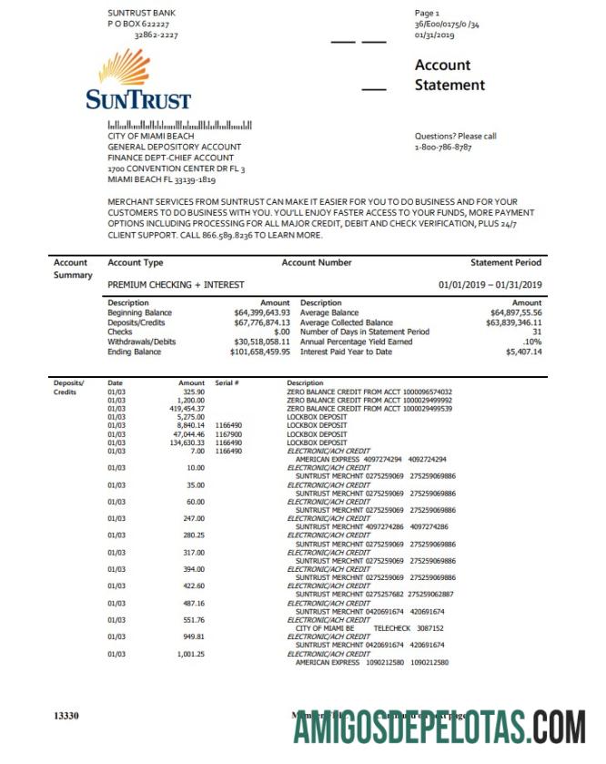 Exemplo de extrato bancário SunTrust dos EUA