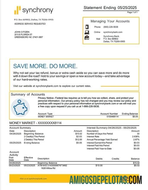 Modelo Word e PDF para download do extrato bancário Synchrony dos EUA