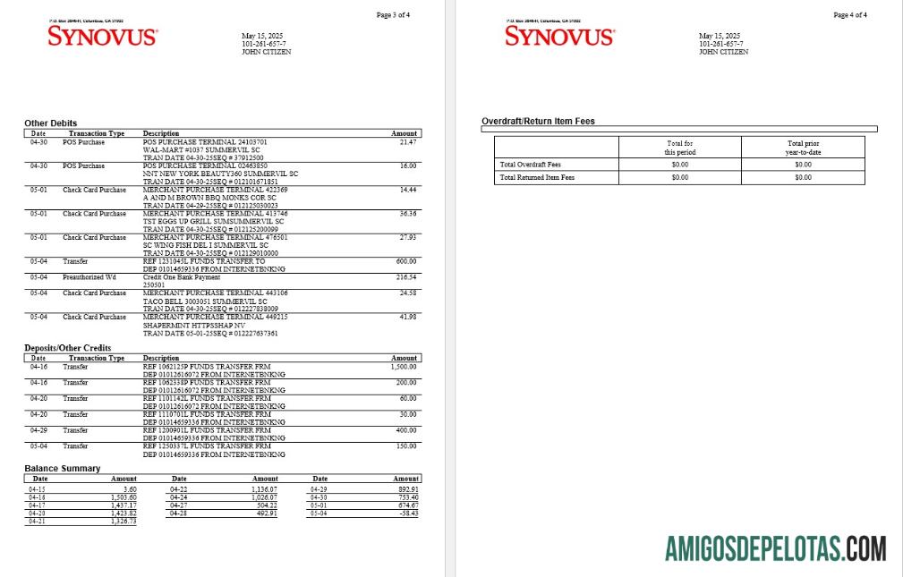 Extrato bancário Synovus dos EUA para download, modelo Word e PDF, 4 páginas 2