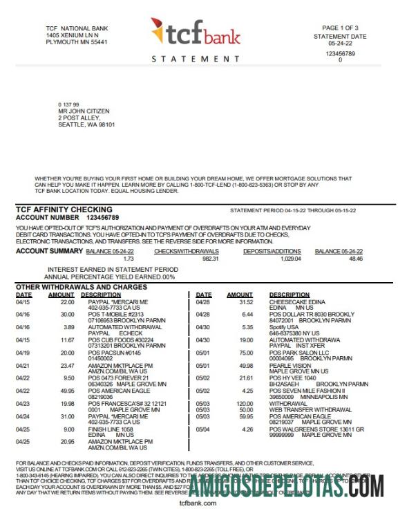 Modelo de extrato bancário do banco TCF dos EUA para impressão em formato Word e PDF
