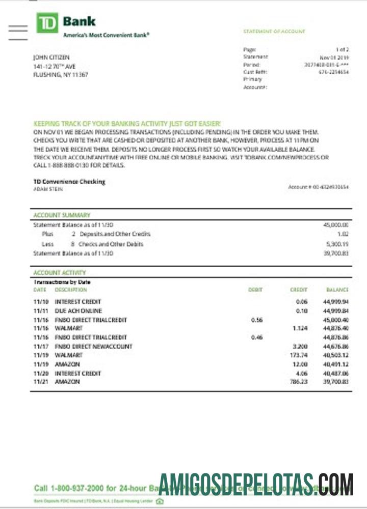 Exemplo de extrato bancário TD dos EUA