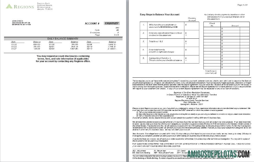 Extrato bancário das regiões do Tennessee dos EUA, 4 páginas, versão 2, 3 4 exemplo Scr