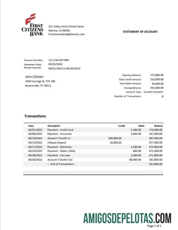 Extrato bancário do Texas First Citizens para impressão, modelo Word e PDF