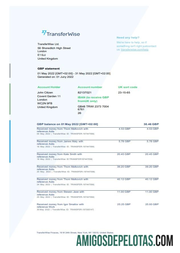 Exemplo de Demonstrativo Financeiro da TransferWise nos EUA