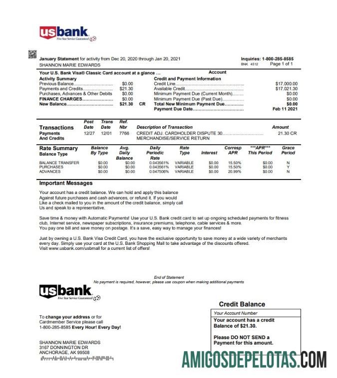 Modelo realista de extrato de cartão de crédito bancário dos EUA em formato Word e PDF
