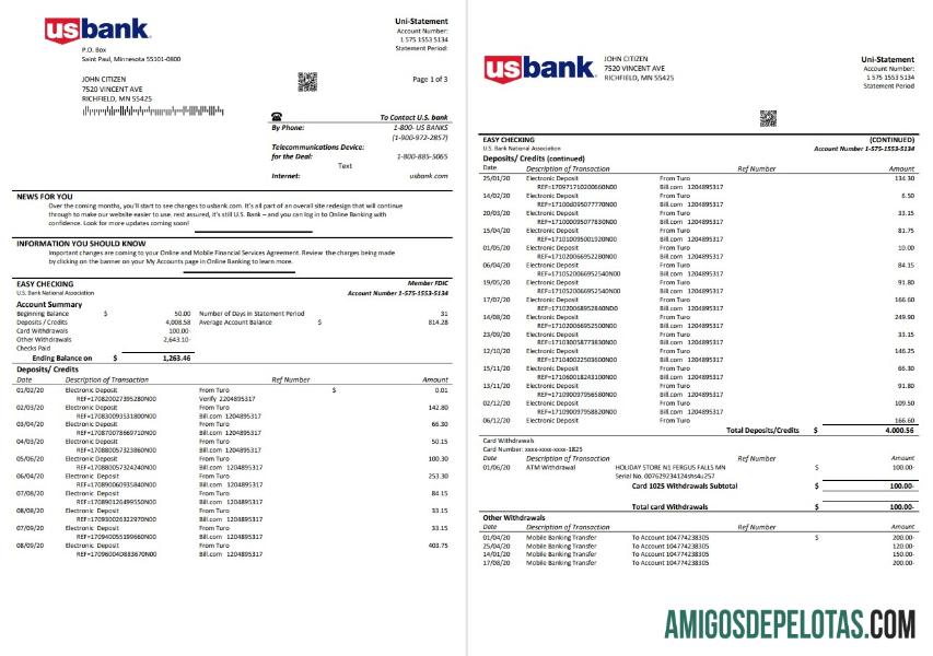 USA U.S. Bank Statement 3 Pages amostra