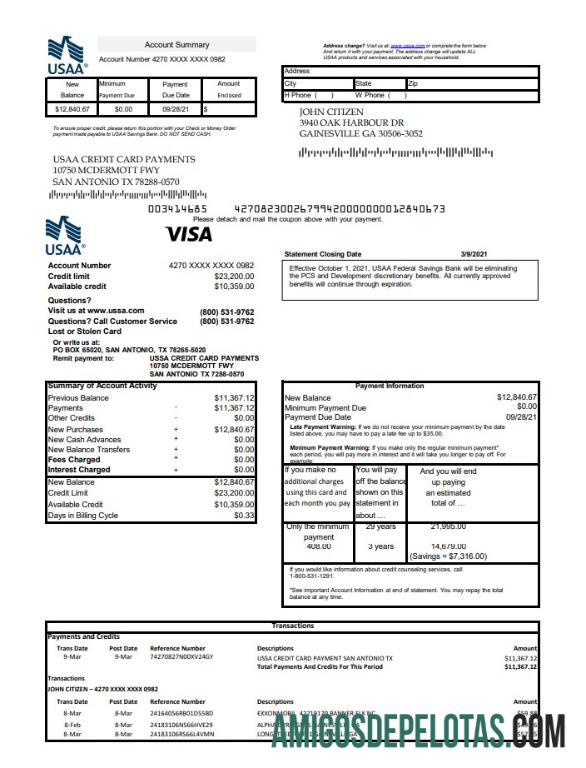 USA USAA Bank Credit Card Excel Pdf modelo