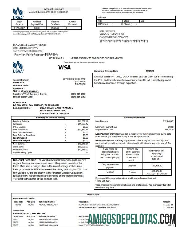Exemplo de extrato de cartão de crédito bancário USAA dos EUA