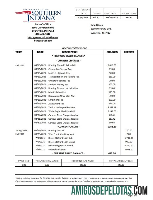 USA University Of Southern Indiana Excel Pdf amostra