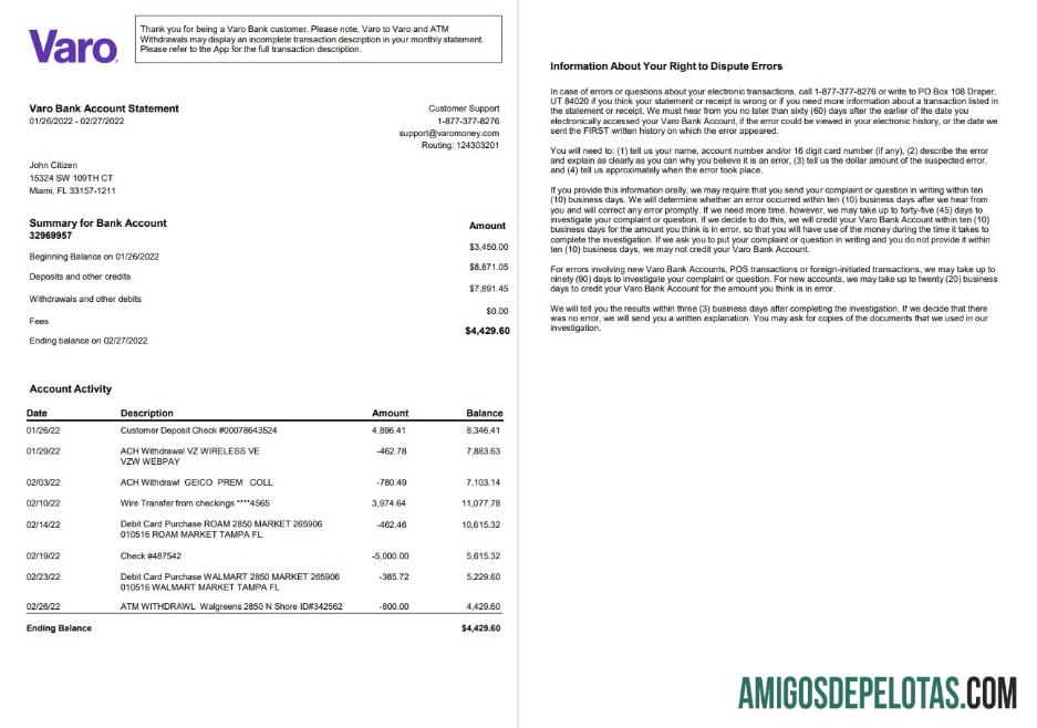 USA Varo Bank Statement 2 Pages, Version 2 amostra