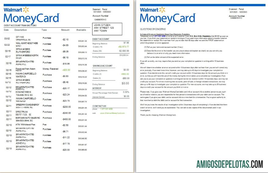 Extrato bancário Walmart MoneyCard dos EUA Word e PDF, exemplo de 2 páginas