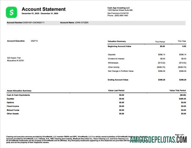 Modelo realista de extrato de conta de investimento do aplicativo USA Cash App em Word e PDF