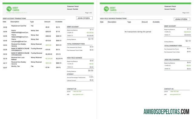 Extrato de conta Green Dot dos EUA para download, modelo Word e PDF, 2 páginas