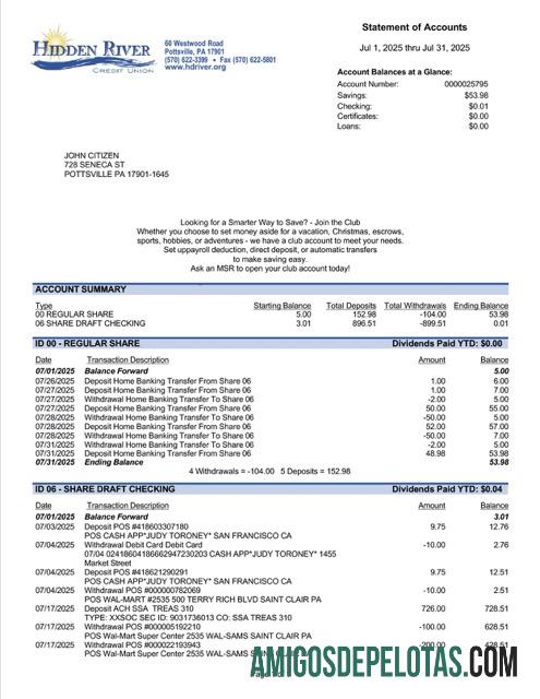 Extrato de conta da cooperativa de crédito de Hidden River nos EUA para impressão, modelo Word e PDF
