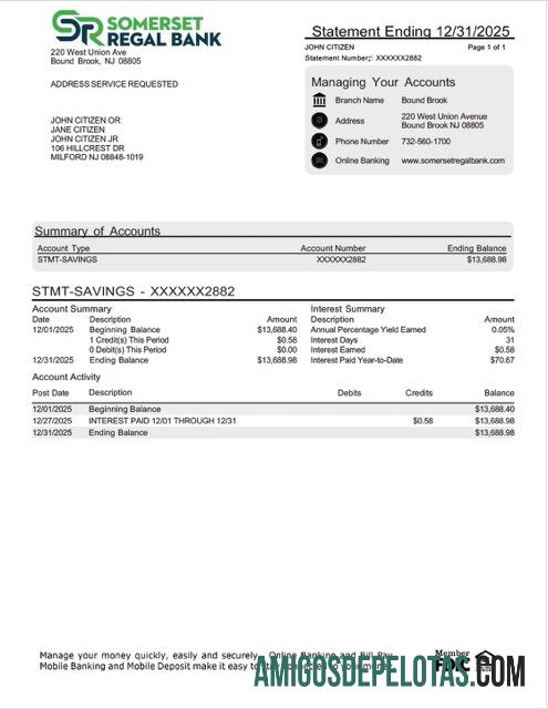 em branco EUA Somerset Regal extrato de conta bancária modelo Word e PDF