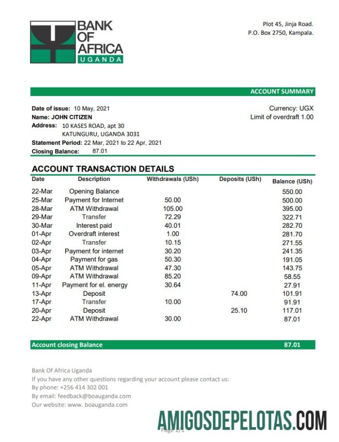 Uganda Bank Of Africa Excel Pdf modelo