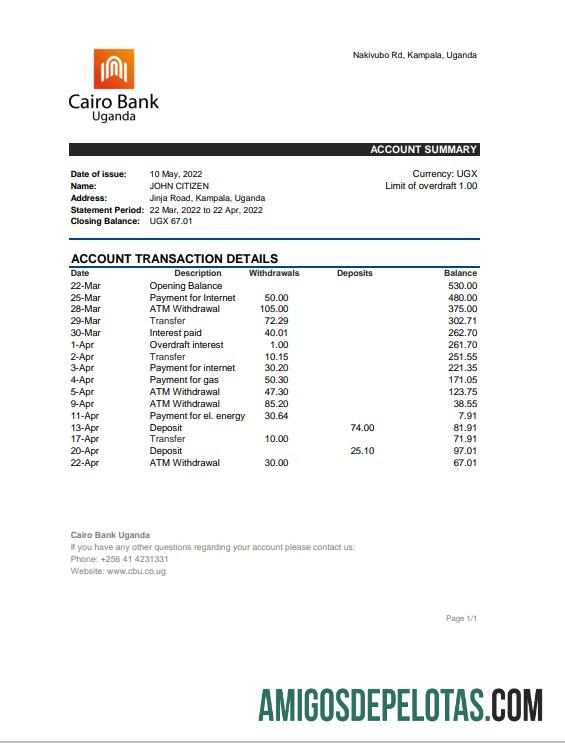 realistic Uganda Cairo Bank Statement, Excel And PDF modelo