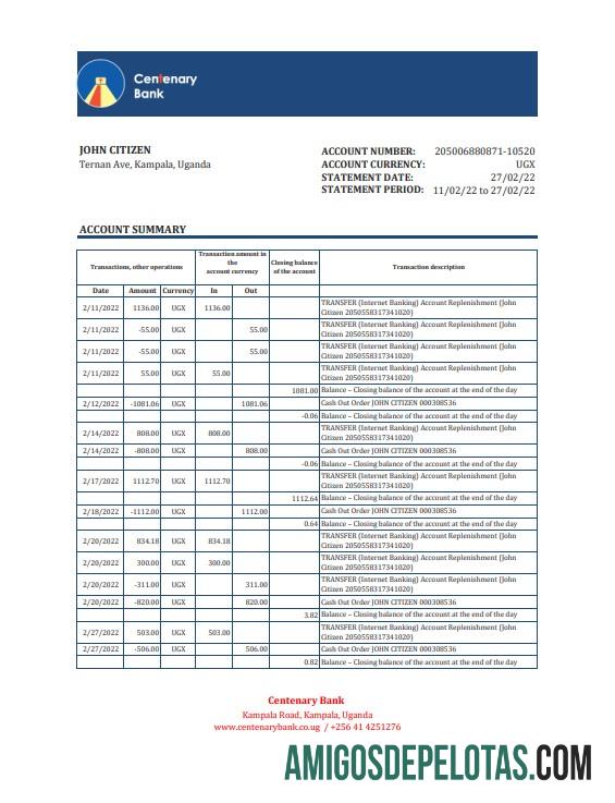 Extrato bancário realista do centenário de Uganda, modelo Excel e PDF