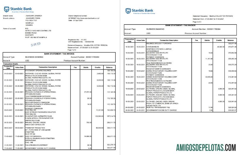 Uganda Stanbic Bank Excel modelo