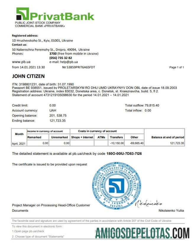 Modelo de extrato do Privatbank da Ucrânia para download em formato Excel e PDF