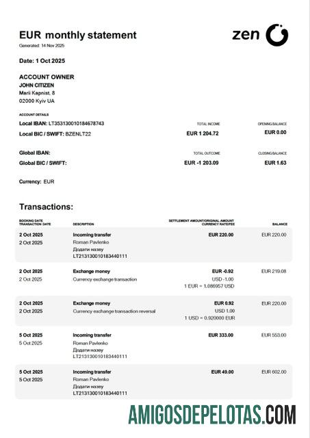 em branco Ucrânia ZEN Extrato de conta modelo Word e PDF