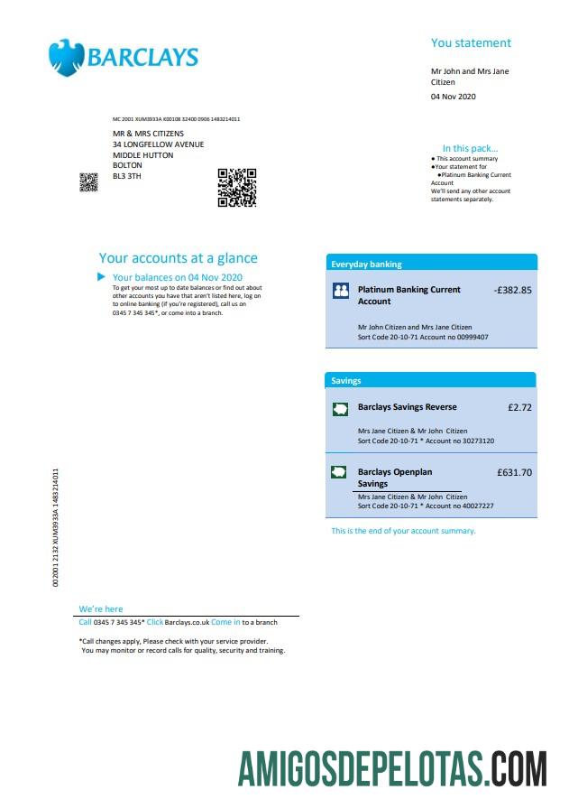 Modelo de extrato bancário do Barclays do Reino Unido para download em formato .doc e .pdf, versão 2