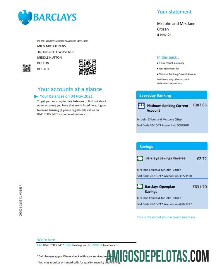 Modelo de extrato bancário do Barclays do Reino Unido para download em formato .xls e .pdf, versão 2