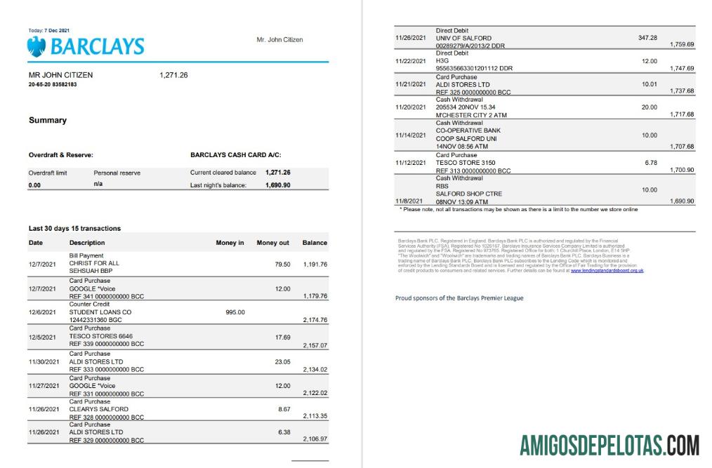 Modelo de extrato bancário do Barclays do Reino Unido para download em formato Excel e PDF, versão 3 (2 páginas)
