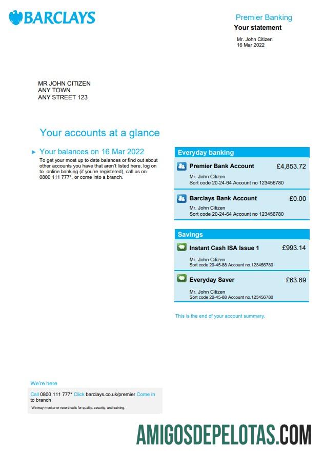 Extrato bancário realista do Barclays do Reino Unido, modelo Word e PDF, 4 páginas, versão 2