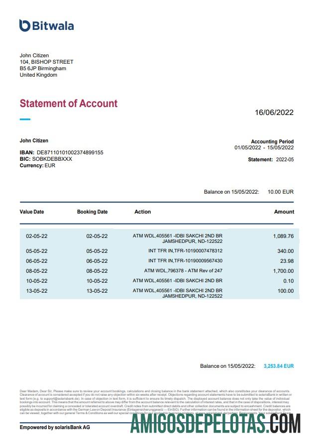 Extrato bancário Bitwala do Reino Unido para download, modelo Word e PDF
