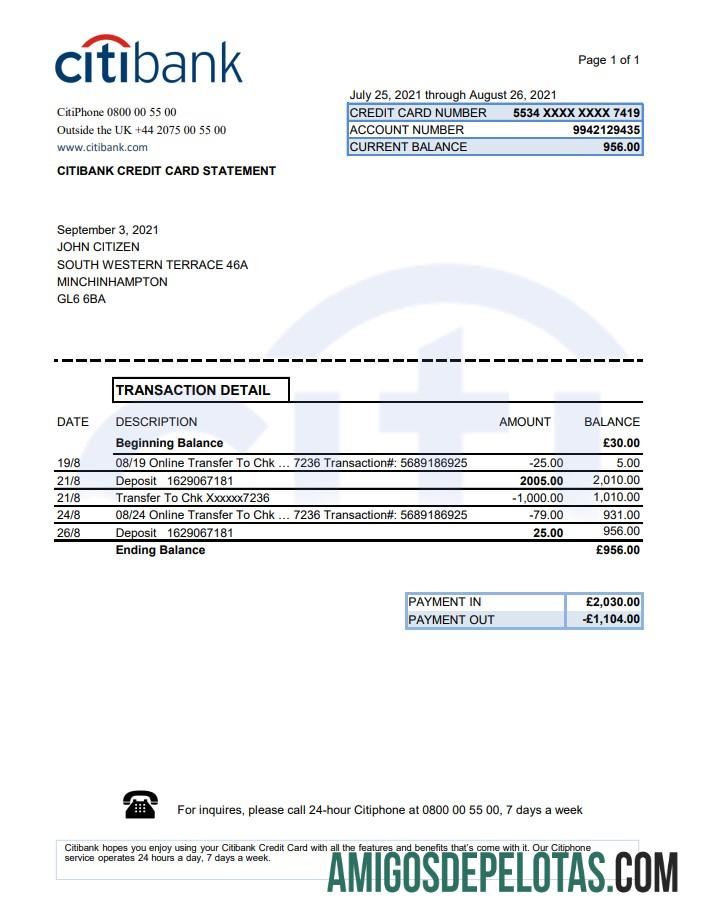 Exemplo do Citibank Excel do Reino Unido