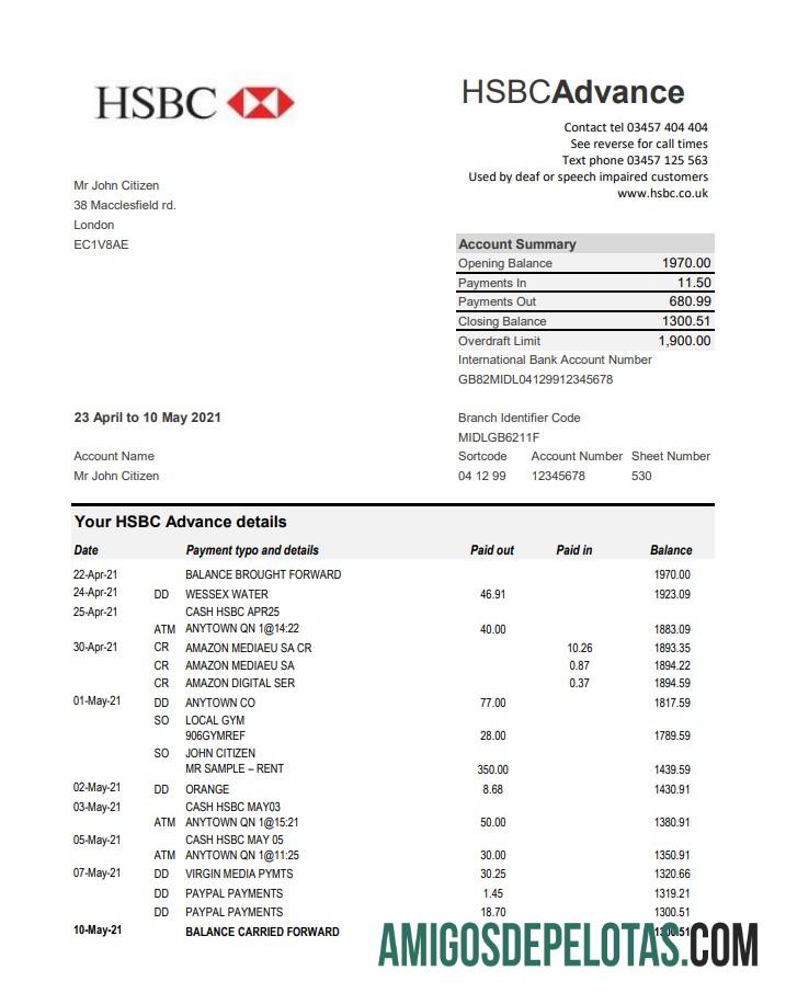 Exemplo de PDF do HSBC Excel do Reino Unido