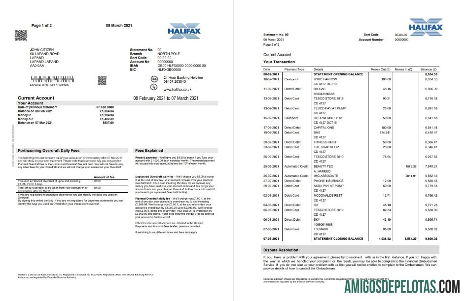 Modelo de comprovante de endereço do banco Halifax para impressão no Reino Unido em formato Word e PDF (2 páginas)