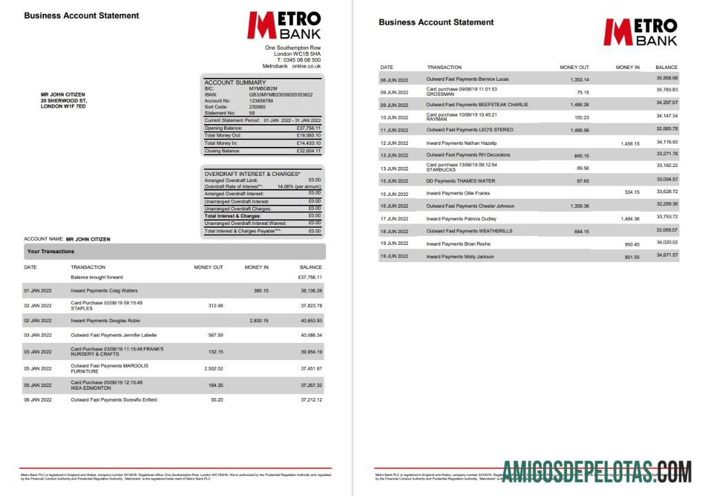 em branco Reino Unido Metro Bank Business Account Statement modelo Word e PDF, 4 páginas